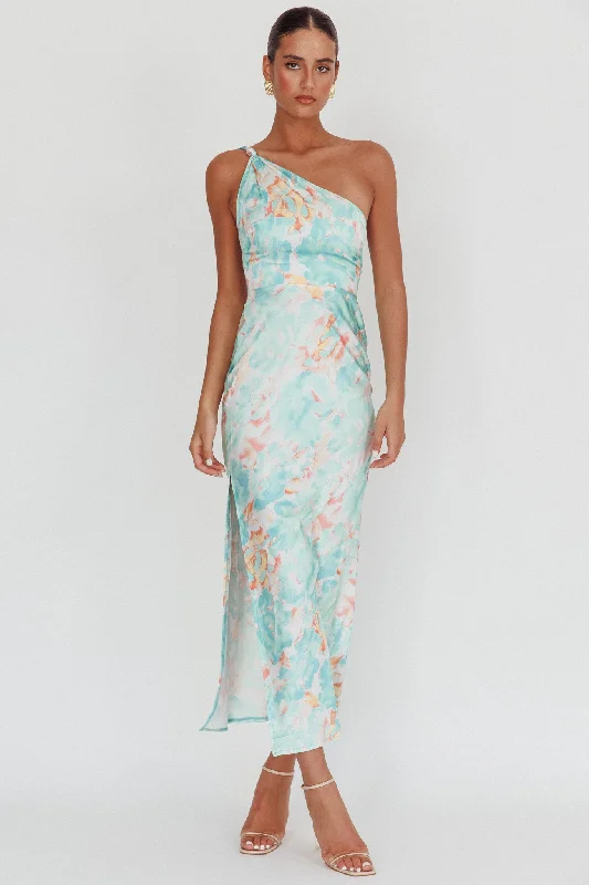 Portland One-Shoulder Maxi Dress Floral Mint Casual Maxi Dress with Pockets