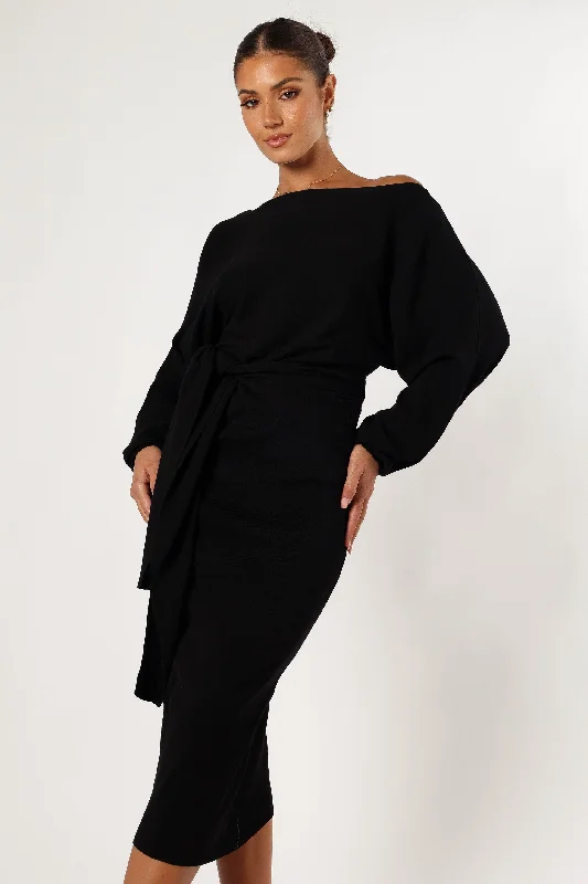 Prancer Off Shoulder Midi Dress - Black Chic Lace Detail Midi Dress
