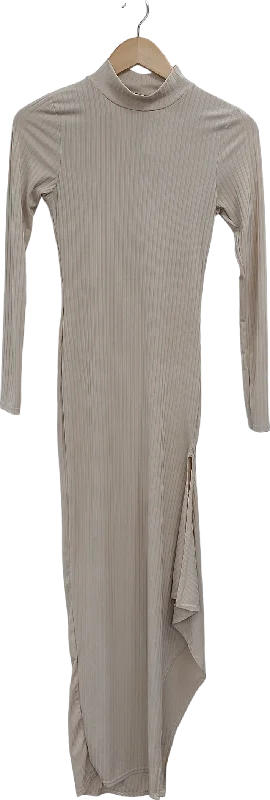 PrettyLittleThing Beige Side Split Ribbed Maxi Dress UK 6 Trendy A-Line Maxi Dress