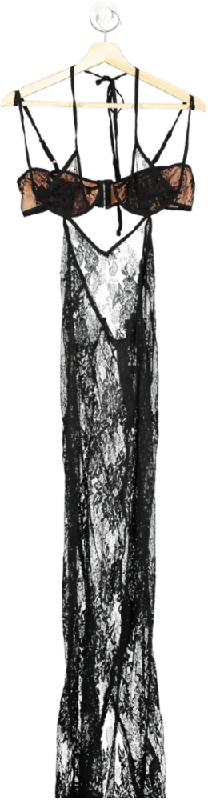 PrettyLittleThing Black Sheer Contrast Lace Cut Out Detail Maxi Dress UK 10 Stylish Long Sleeve Maxi Dress