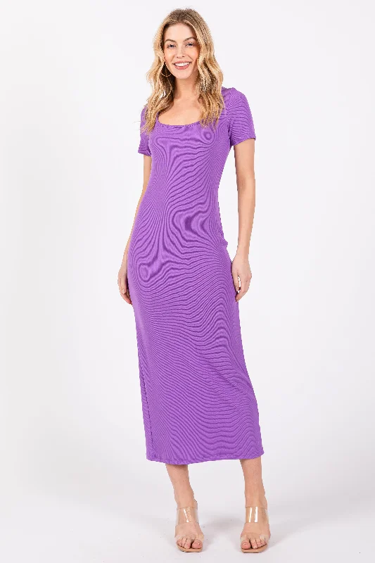 Purple Ribbed Fitted Midi Dress Fashionable Shift Midi Dress