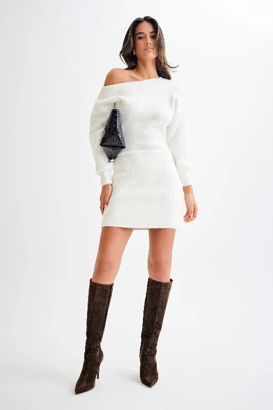 Rafferty Boat Neck Knit Mini Dress - Ivory Cozy Cotton Mini Dress
