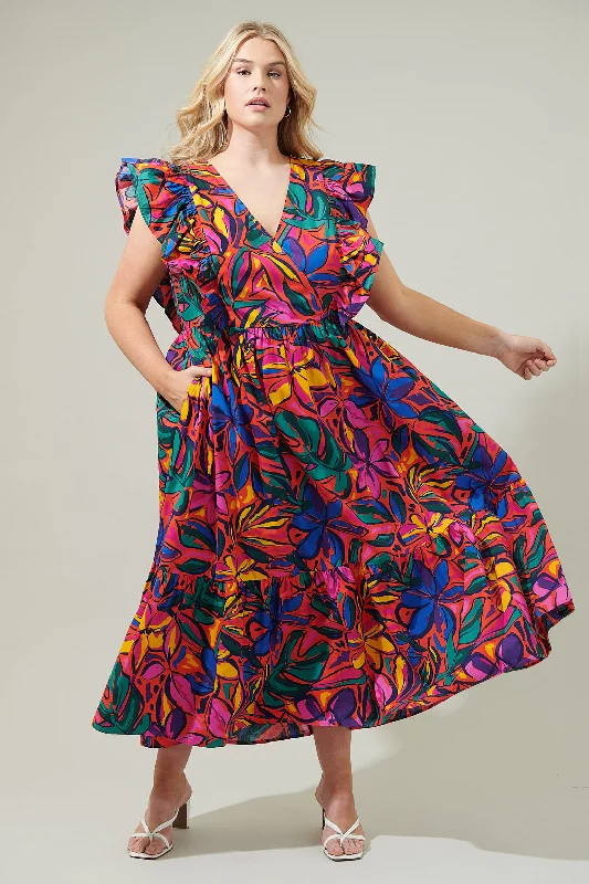 Rainbow Tropics Fairness Poplin Surplice Midi Dress Curve Stylish Vintage Midi Dress