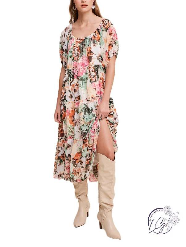 Relaxed and Flowy Flower Print Chiffon Maxi Dress Trendy Short Sleeve Maxi Dress