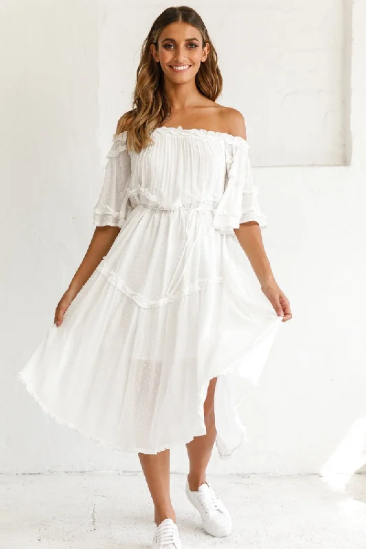 Renoir Off-Shoulder Frill Trim Midi Dress White Fashionable Plaid Midi Dress