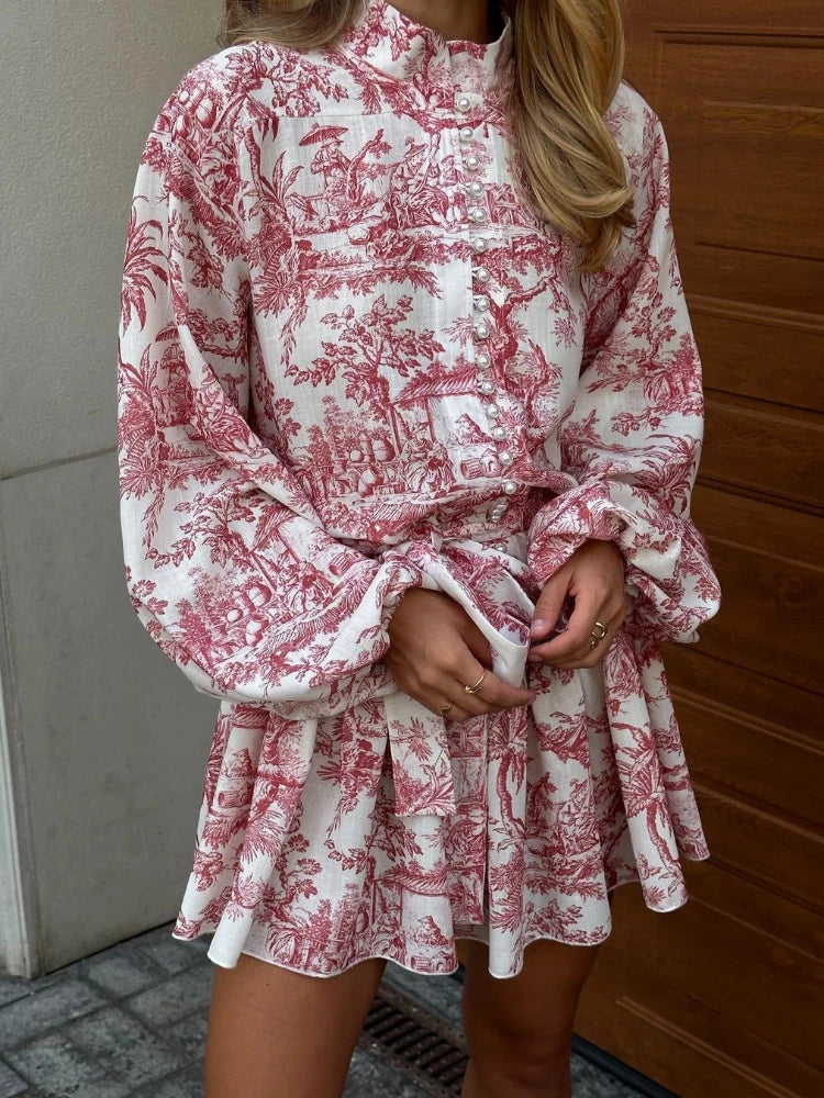 Retro Print Folds Elegant Lace Up Long Sleeve Ruffle High Street Mini Dress Stylish Puff Sleeve Mini Dress Retro Print Folds Elegant Lace Up Long Sleeve Ruffle High Street Mini Dress Stylish Puff Sleeve Mini Dress