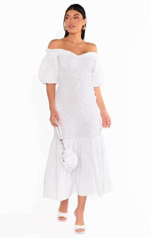 Rom Com Midi Dress ~ White Texture Stretch Stylish Off-Shoulder Ruffle Dress