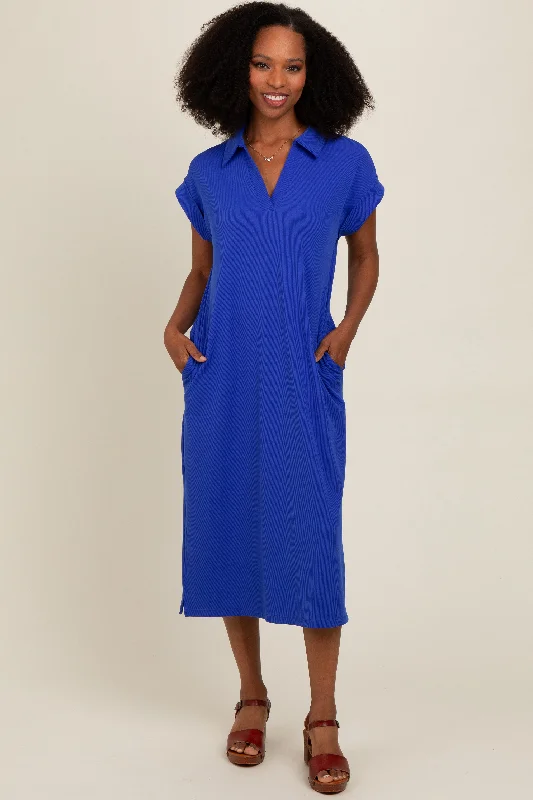 Royal Blue Collared Side Slit Midi Dress Cozy Tie-Dye Midi Dress