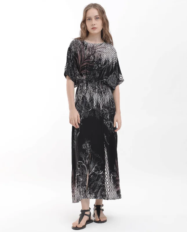 Rareism Women Rufus Black Polyester Fabric Short Sleeves Round Neck Relaxed Fit Abstract Print Midi Dress Chic Off-Shoulder Midi Dress