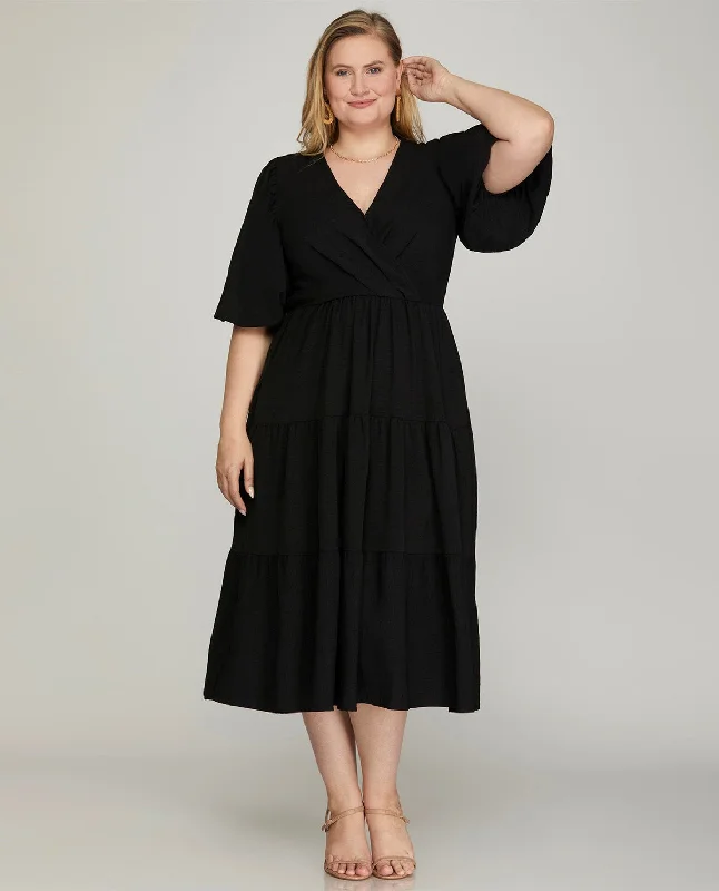 Plus Wrap Midi Dress Trendy Flared Sleeve Midi Dress