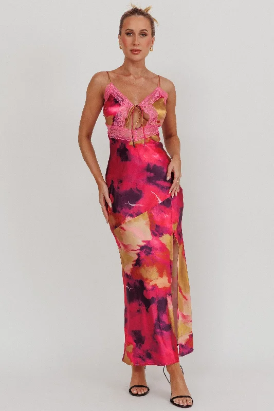 Saga Bust Keyhole Satin Maxi Dress Purple Trendy Button Front Maxi Dress
