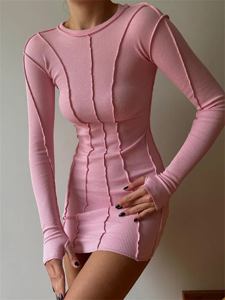 Screw Thread Ribbed Long Sleeve Bodycon Spring Elastic Casual Mini Dress Fashionable Off-Shoulder Mini Dress Screw Thread Ribbed Long Sleeve Bodycon Spring Elastic Casual Mini Dress Fashionable Off-Shoulder Mini Dress