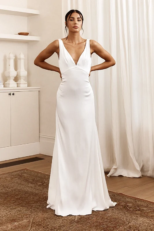 See The Sun V-Neckline Satin Maxi Dress White Comfortable Flowy Maxi Dress