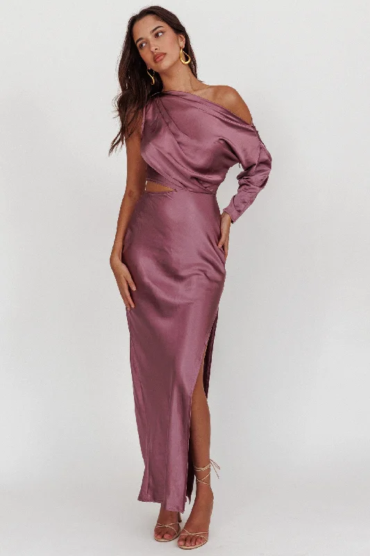 See You Again One Sleeve Maxi Dress Grape Cozy Open-Back Maxi Dress