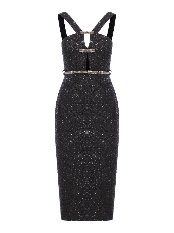 Tinsel boucle midi dress Trendy Off-Shoulder Button Midi Dress