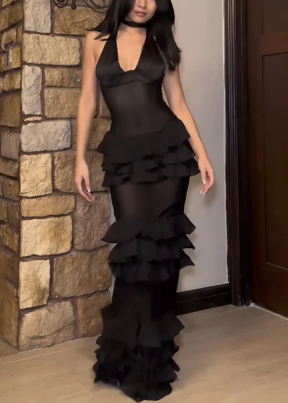 Sexy Black V Neck Ruffled Tulle Maxi Dresses Sleeveless KK036 Cozy Ruffle Sleeve Maxi Dress