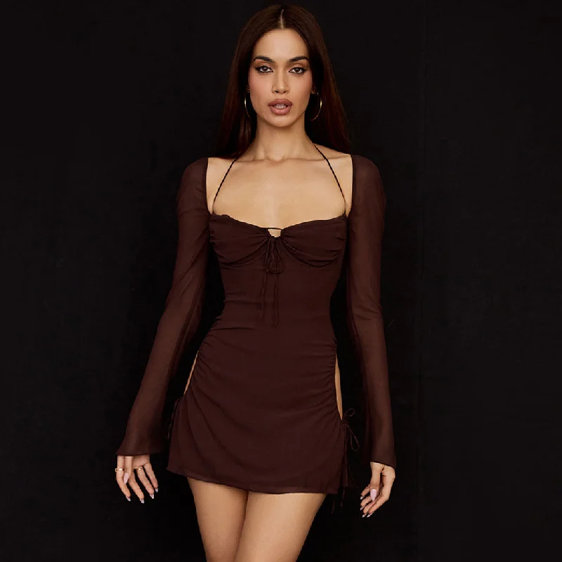 BerryBetty - Halter Tie Strap Ruched Cut Out Club Mini Dress - Chocolate Trendy Denim Mini Dress BerryBetty - Halter Tie Strap Ruched Cut Out Club Mini Dress - Chocolate Trendy Denim Mini Dress