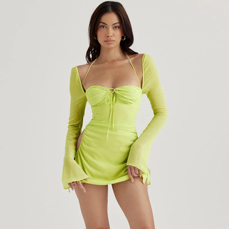 BerryBetty - Halter Tie Strap Ruched Cut Out Club Mini Dress - Green Comfortable Linen Mini Dress BerryBetty - Halter Tie Strap Ruched Cut Out Club Mini Dress - Green Comfortable Linen Mini Dress