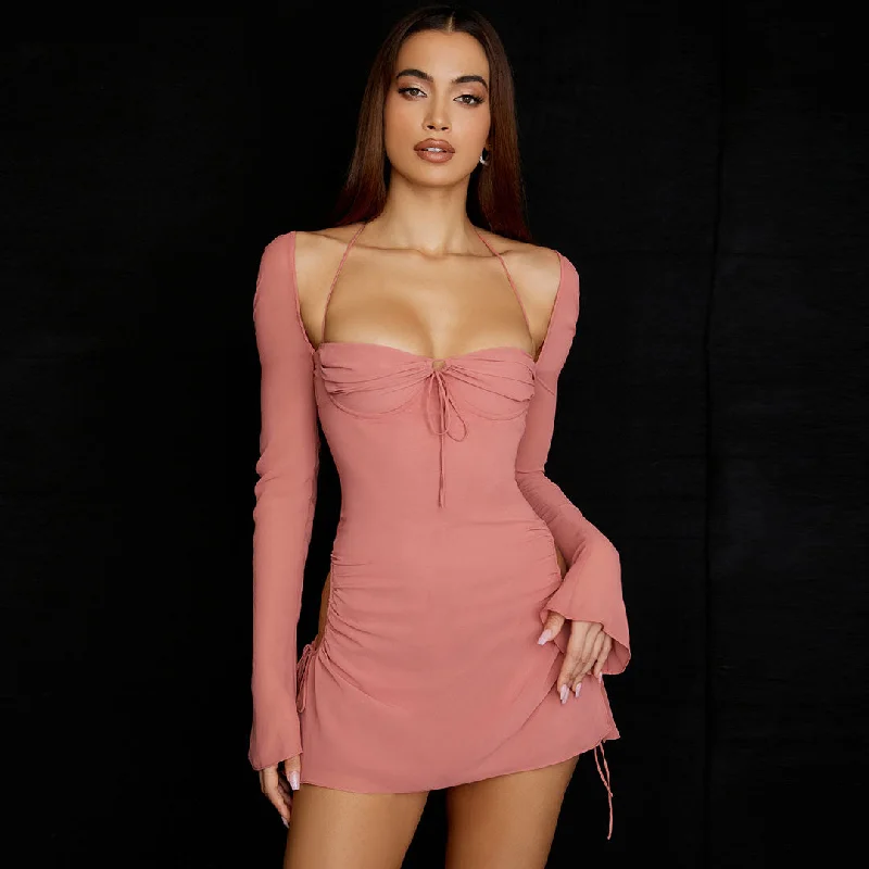 BerryBetty - Halter Tie Strap Ruched Cut Out Club Mini Dress - Pink Trendy Lace Mini Dress BerryBetty - Halter Tie Strap Ruched Cut Out Club Mini Dress - Pink Trendy Lace Mini Dress