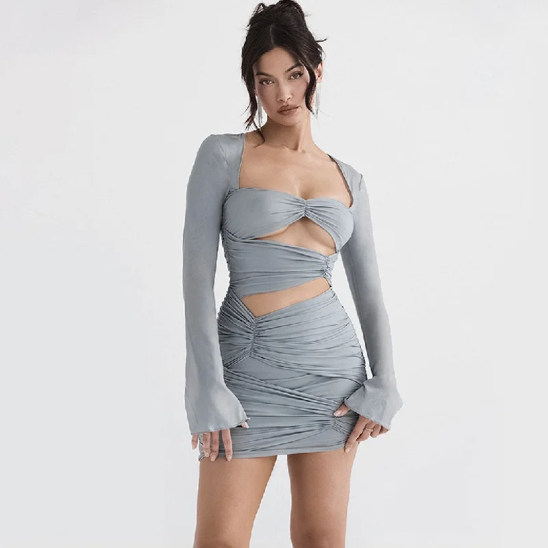 BerryBetty - Ruched Cut Out Wrap Trim Long Sleeve Bodycon Party Mini Dress - Gray Fashionable Lace Mini Dress BerryBetty - Ruched Cut Out Wrap Trim Long Sleeve Bodycon Party Mini Dress - Gray Fashionable Lace Mini Dress