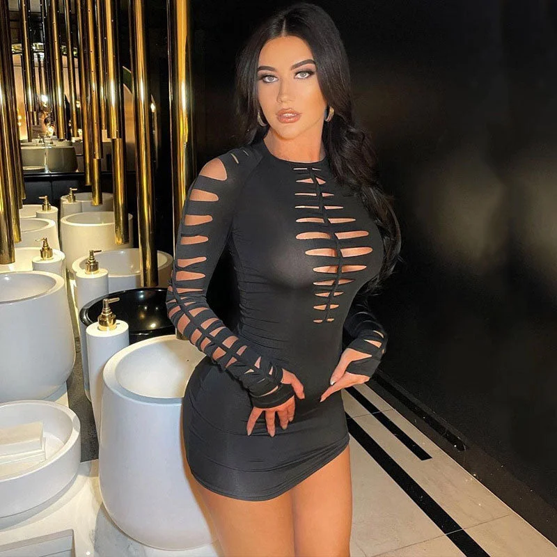 BerryBetty - Slashed Ladder Cut Out Crew Neck Long Sleeve Bodycon Mini Dress - Black Chic Sleeveless Mini Dress BerryBetty - Slashed Ladder Cut Out Crew Neck Long Sleeve Bodycon Mini Dress - Black Chic Sleeveless Mini Dress