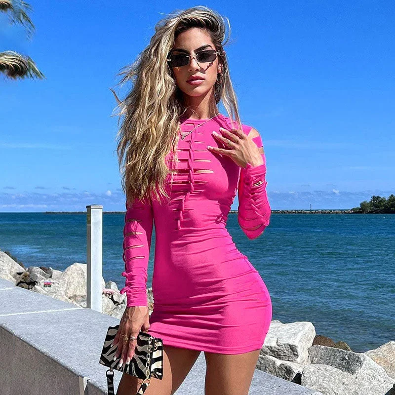 BerryBetty - Slashed Ladder Cut Out Crew Neck Long Sleeve Bodycon Mini Dress - Hot Pink Classic Black Mini Dress BerryBetty - Slashed Ladder Cut Out Crew Neck Long Sleeve Bodycon Mini Dress - Hot Pink Classic Black Mini Dress