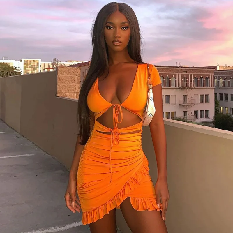 BerryBetty - V Neck Floss Strap Ruched Bodycon Party Mini Dress - Orange Fashionable Button-Front Mini Dress BerryBetty - V Neck Floss Strap Ruched Bodycon Party Mini Dress - Orange Fashionable Button-Front Mini Dress