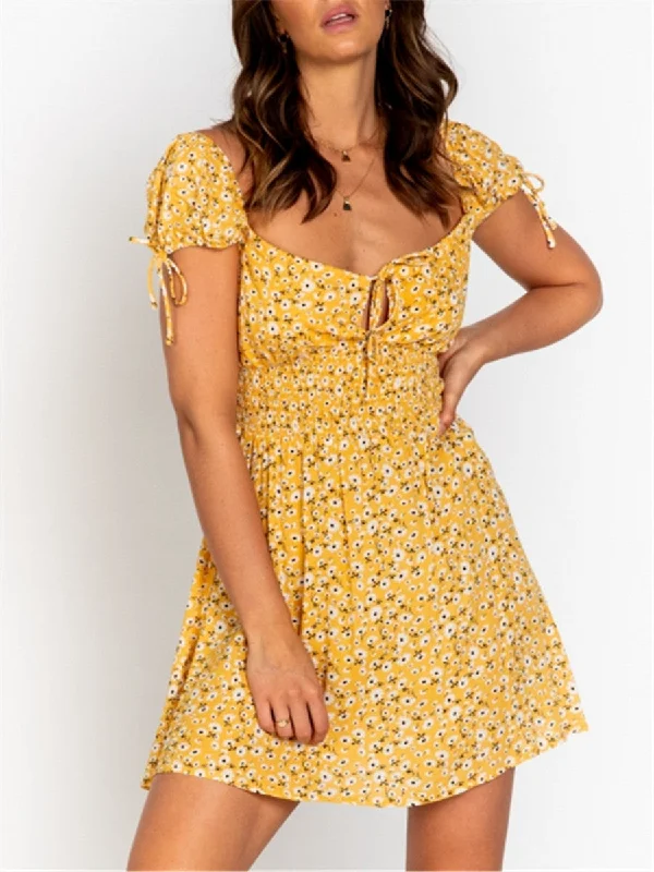 Sexy Square Collar Floral Print Mini Dresses Fashionable Mini Dress with Pockets