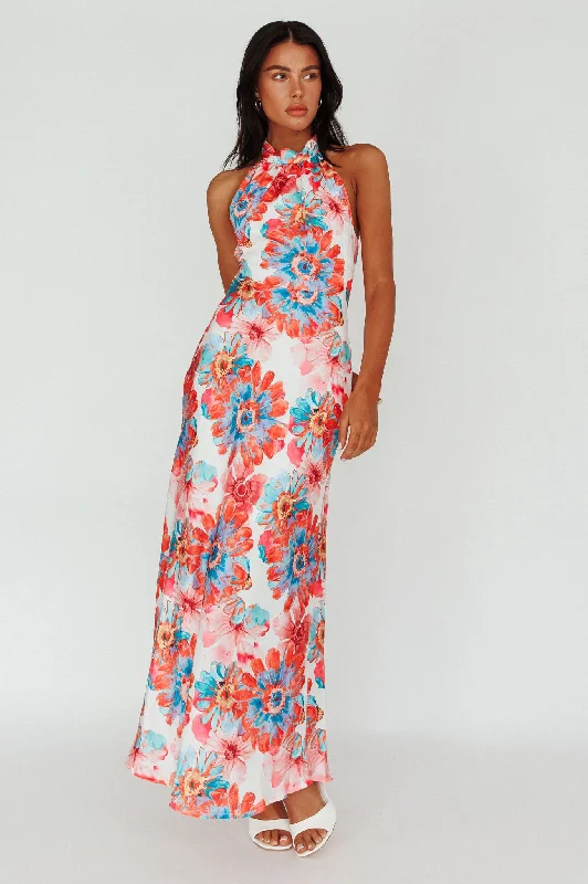 Shana Halterneck Maxi Dress Flowers Pink Cozy Maxi Dress with Slit
