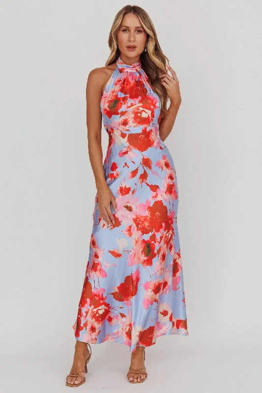 Shana Halterneck Maxi Dress Roses Blue Fashionable Maxi Dress with Fringe
