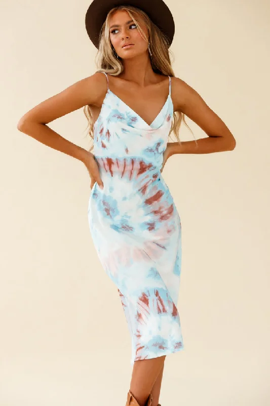 Show Me Love Cowl Neck Midi Dress Tie-Dye Blue Multi Cozy Tie-Dye Midi Dress