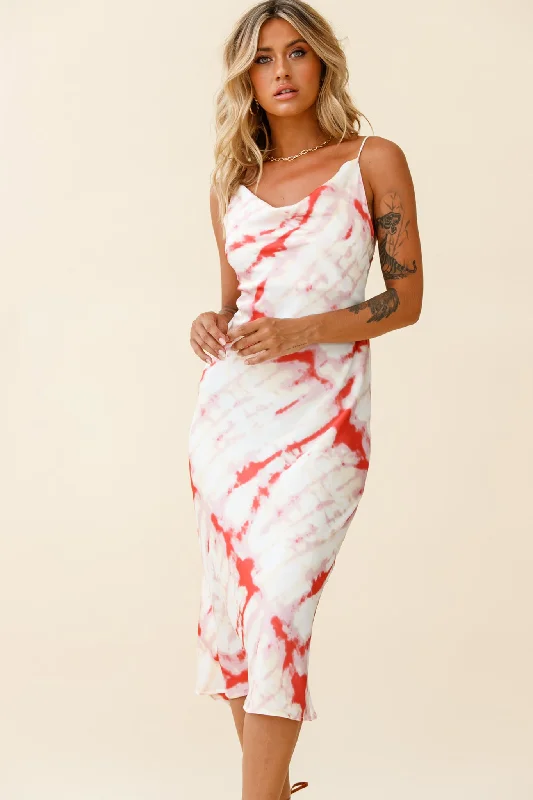 Show Me Love Cowl Neck Midi Dress Tie-Dye Red Elegant Floral Appliqué Midi Dress