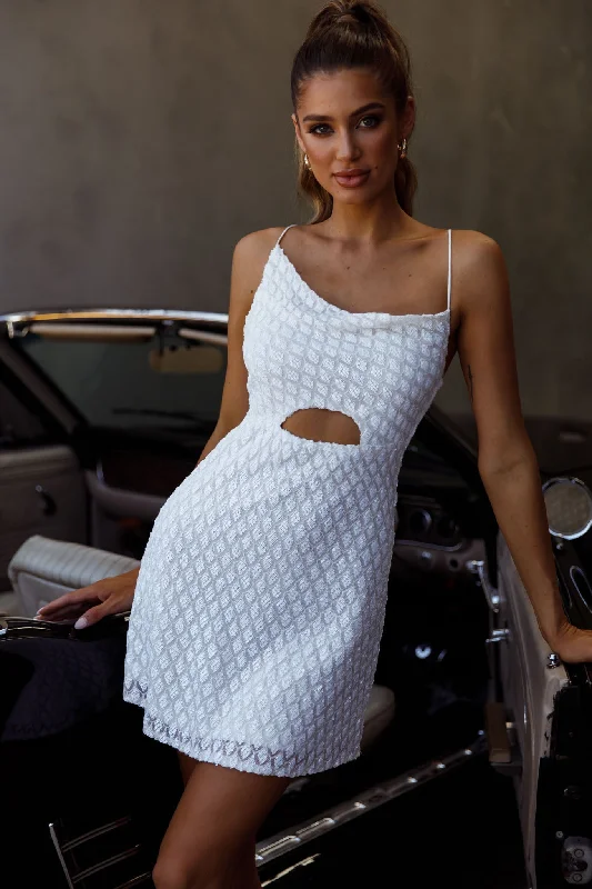 Sicily Asymmetrical Cowl Neckline Tie-Up Back Sequin Mini Dress White Classic Shift Mini Dress