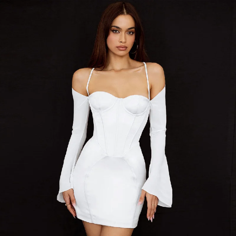 BerryBetty - Silky Satin Long Sleeve Off Shoulder Corset Club Mini Dress - White Casual Button-Up Mini Dress BerryBetty - Silky Satin Long Sleeve Off Shoulder Corset Club Mini Dress - White Casual Button-Up Mini Dress