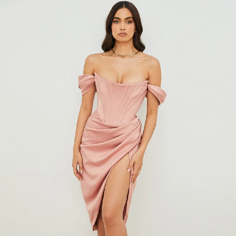 Silky Satin Off Shoulder High Slit Drape Corset Midi Dress - Pink Stylish Animal Print Midi Dress