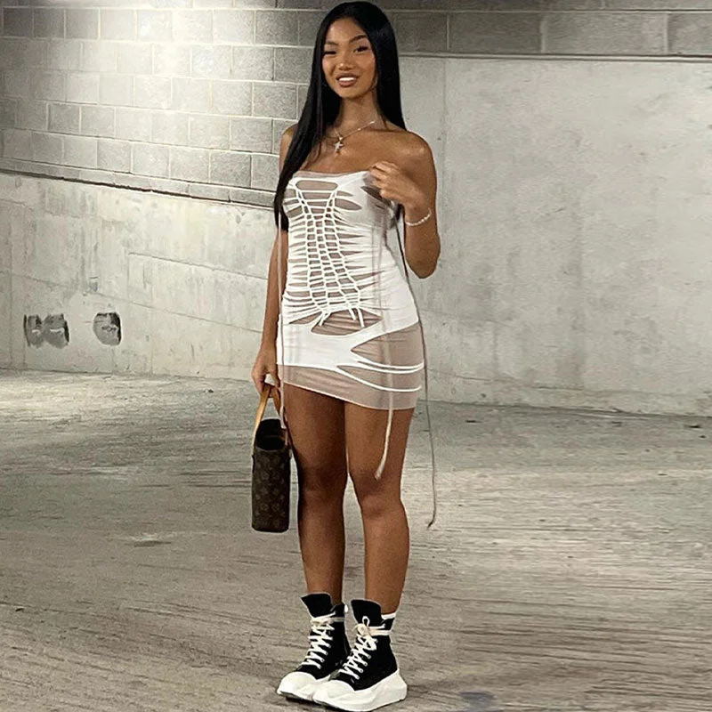 BerryBetty - Slashed Strappy Ladder Cutout Bodycon Strapless Club Mini Dress - White Chic Tropical Mini Dress BerryBetty - Slashed Strappy Ladder Cutout Bodycon Strapless Club Mini Dress - White Chic Tropical Mini Dress