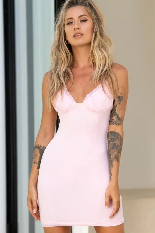 So She Says Molded Bust Cup Mini Dress Baby Pink Comfortable Fit-and-Flare Mini Dress