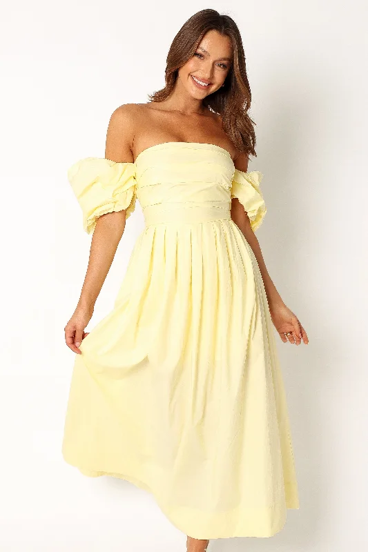Solana Off Shoulder Midi Dress - Yellow Stylish Vintage Midi Dress