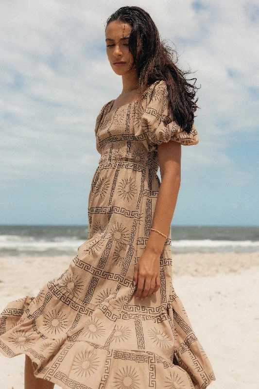 Soliel Puff Sleeve Midi Dress - Tan Black Cozy A-Line Midi Dress