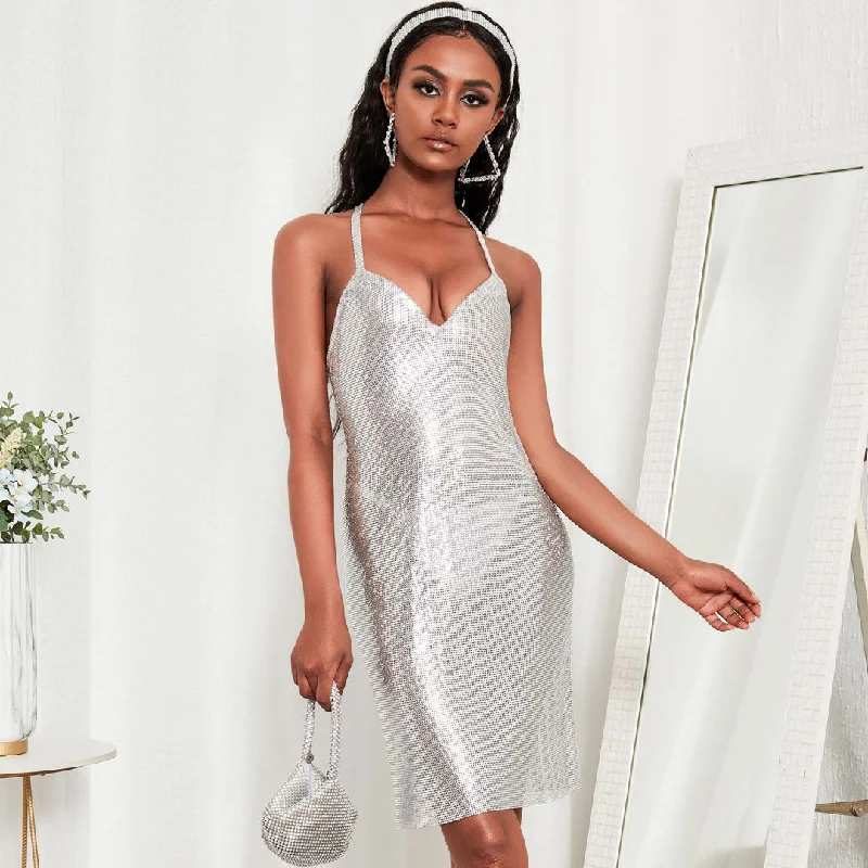 BerryBetty - Sparkling Sleeveless Crisscross Open Back Party Mini Dress - Silver Elegant Mini Dress with Ruffles BerryBetty - Sparkling Sleeveless Crisscross Open Back Party Mini Dress - Silver Elegant Mini Dress with Ruffles