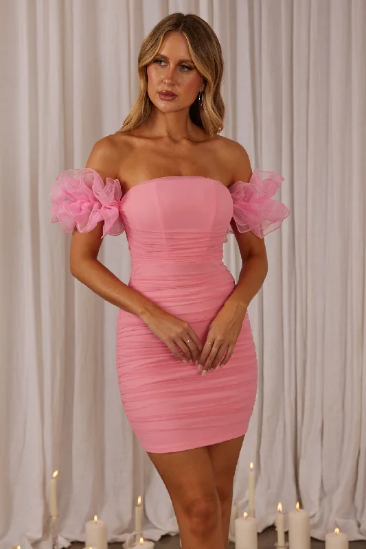 Star Dust Off-Shoulder Frill Sleeve Mini Dress Pink Modern Satin Mini Dress