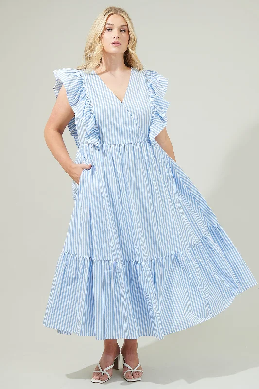 Striped Fairness Poplin Surplice Midi Dress Curve Trendy Smocked Detail Midi Dress