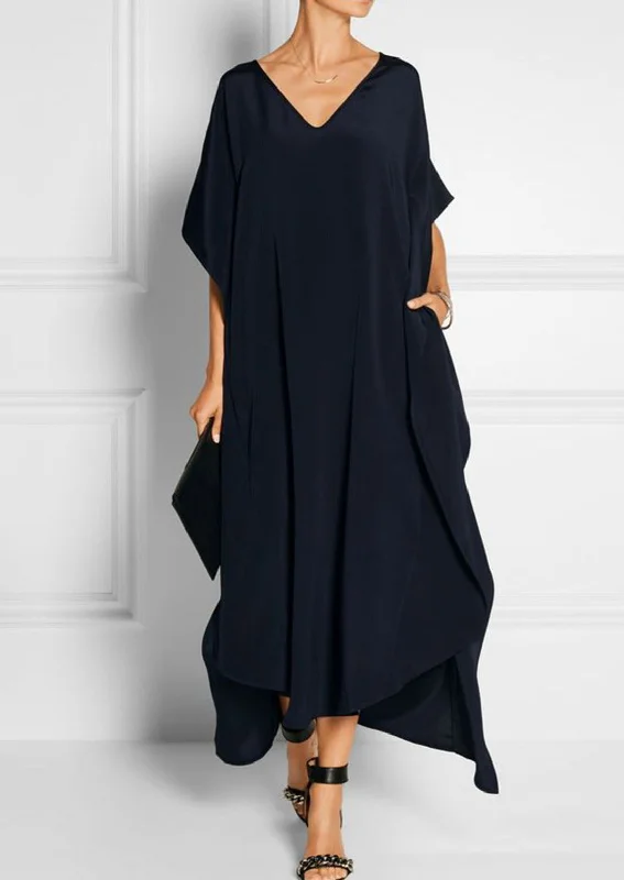Summer Elegant Black V Neck Maxi Dress Short Sleeve Cozy Knit Maxi Dress