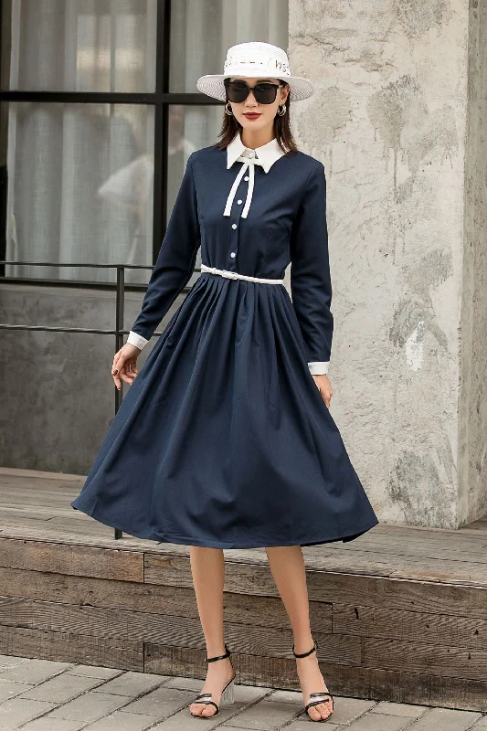 Summer Fall Navy Formal Button Up Midi Dress 2845 Trendy Ruched Side Midi Dress