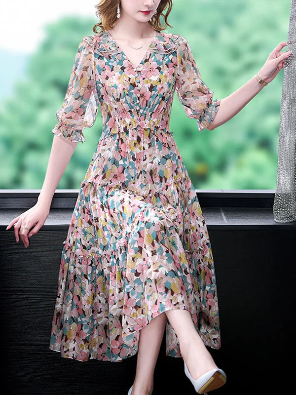 Summer Floral Natural Silk V-Neck Midi Dress Comfortable Denim Midi Dress