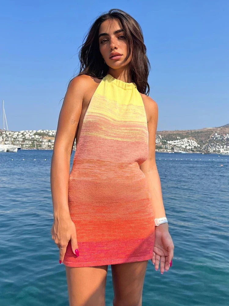 Summer Knitting Halter Sleeveless Bodycon Backless Boho Beach Mini Dress Comfortable Fit-and-Flare Mini Dress Summer Knitting Halter Sleeveless Bodycon Backless Boho Beach Mini Dress Comfortable Fit-and-Flare Mini Dress
