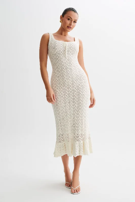 Sylvie Frill Knit Midi Dresses - Ivory Fashionable Plaid Midi Dress