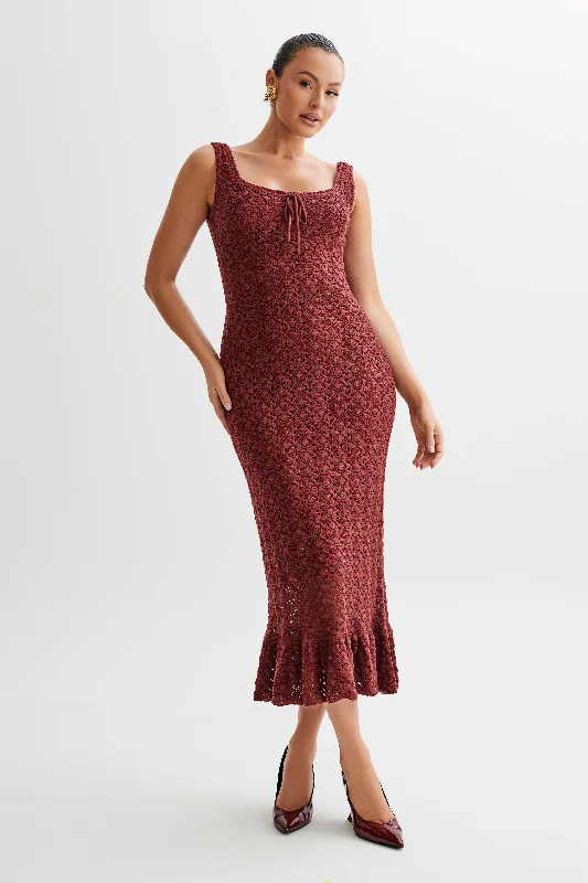 Sylvie Frill Knit Midi Dresses - Wine Trendy Ruffled Sleeve Midi Dress