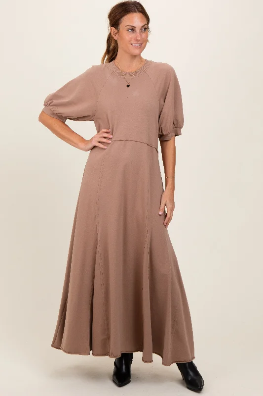 Taupe Puff Sleeve Basic Midi Dress Trendy Boho Midi Dress