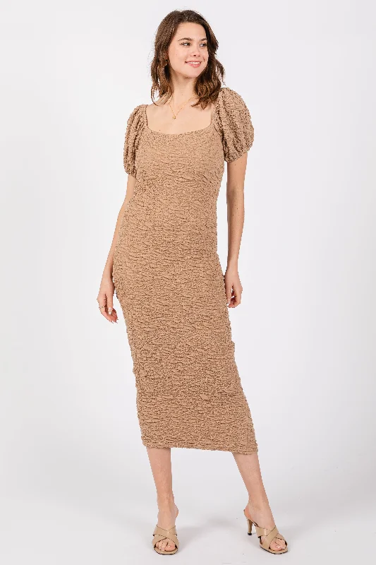 Taupe Textured Square Neck Puff Sleeve Midi Dress Comfortable Casual Midi Dress